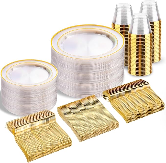 bUCLA 300Pcs Clear Gold Plastic Disposable Dinnerware Set
