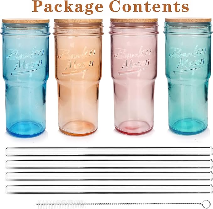 ANOTION Colored Glass Cups - 24oz Travel Coffee Mug Wide Mouth Mason Jar Iced