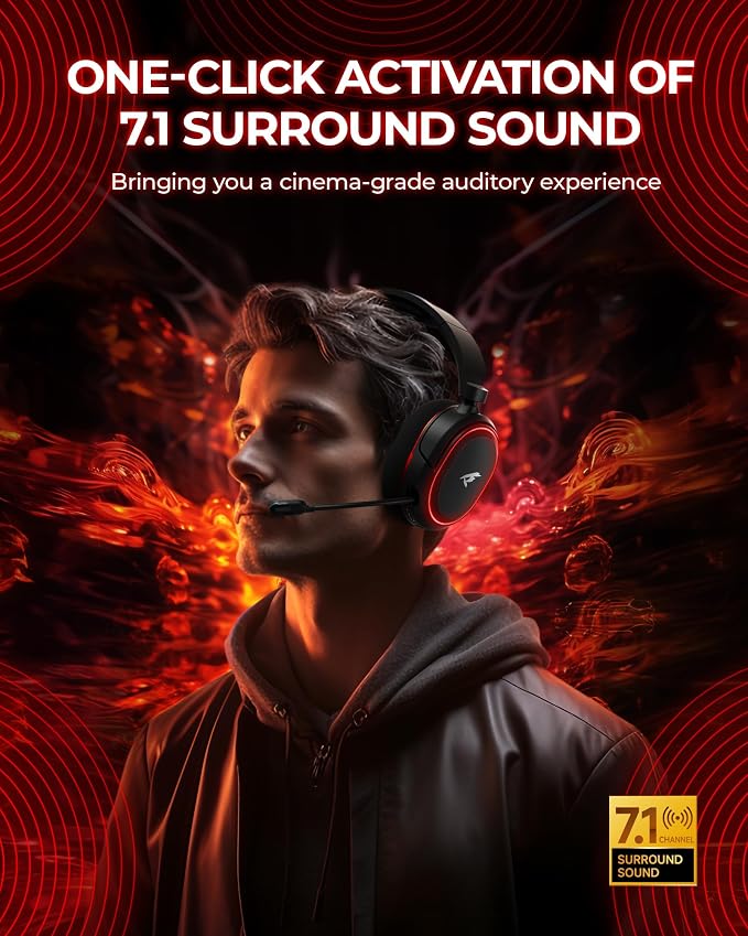 Wireless Gaming Headset， 7.1 Surround Sound， 2.4Ghz USB Gaming Headphones