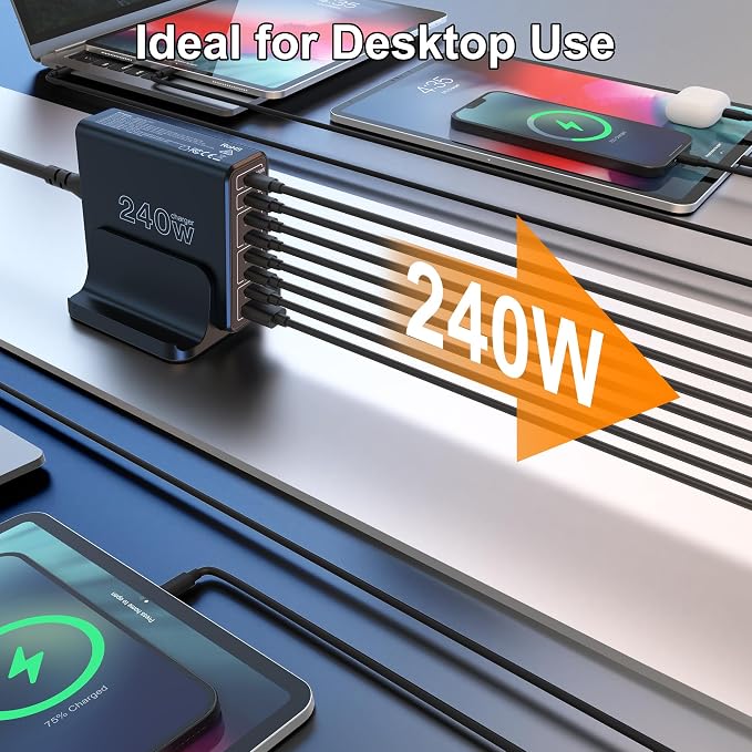 URVNS 240W USB C Charger, 8-Ports Compact GaN PD 100W PPS 45W QC20W Multiport