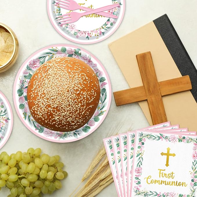 96 Pieces First Communion Floral Tableware Set – Pink Floral Cross Disposable