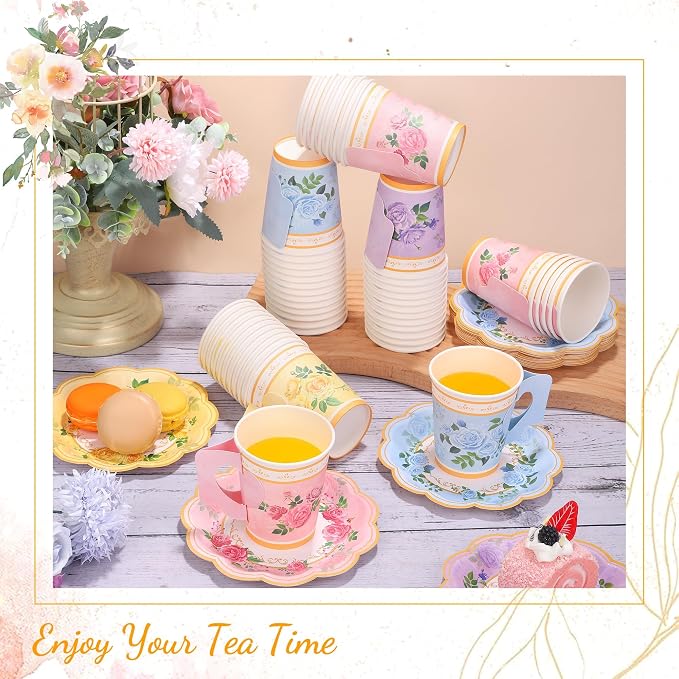 Kochorie 120 Pcs Floral Paper Tea Cups and Saucers 9 Oz Disposable Teacups Bulk