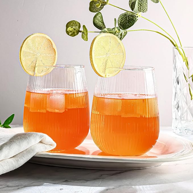 UMEIED 12 Pack Textured Glass Cups, 490ml | Elegant Vertical Ribs, Flat Base