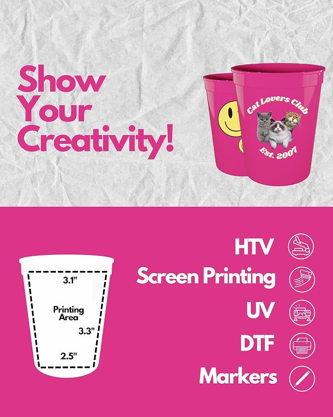 PartyPrints 10 Pack 16 oz Neon Pink Reusable Blank Plastic Cups, Stadium Cups