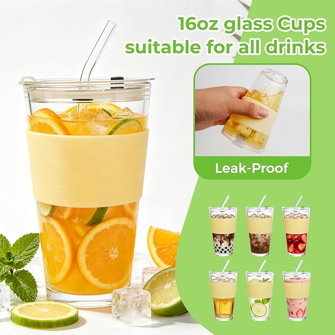 Birity 16oz Glass Cups with Lids and Straws, Glass tumbler With Straw and