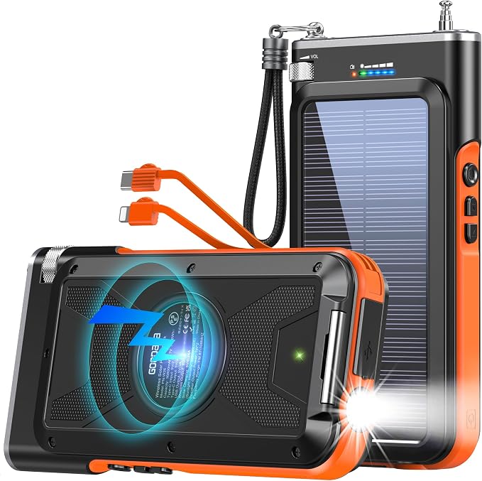 GOODaaa Solar Power Bank, 45800mAh Wireless Portable Charger Built-in Cables