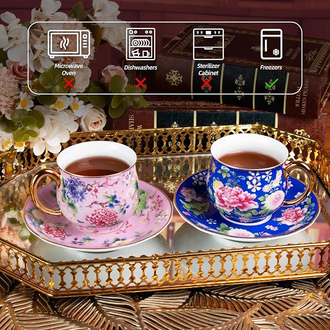 KAMMAK Tea Cup and Saucer, Ceramic Coffee Cups, 7.1 oz, Afternoon Tea and