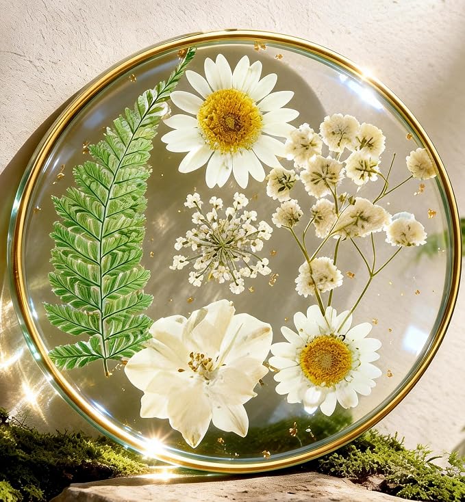 Oqplog Resin Drink Coaster for Desk Coffee Table-White Cute Dried Flowers Cup