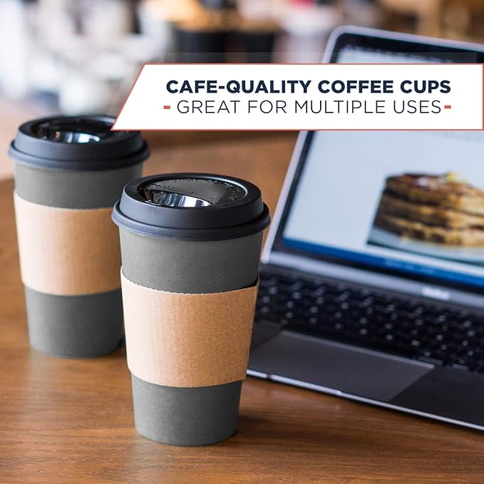 Disposable Coffee Cups With Lids - 16 oz To Go Coffee Cups With Sleeves and