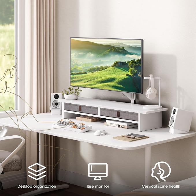 Fenge Monitor Stand with Drawer, 2 Tiers Dual Monitor Riser