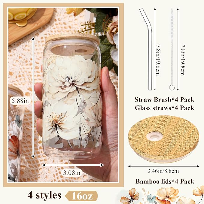 Mumufy 4 Pack Wildflower Glass Cups Gift Aesthetic Cute Glass Cup Tumbler