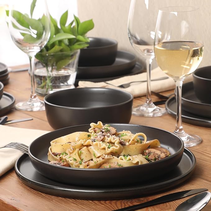 Gibson Elite Bayou Moon Plates and Bowls Sets, 16-Piece Black Matte Stoneware