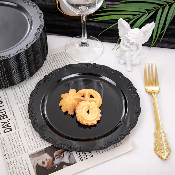 U-QE 100PCS Black Plastic Plates, Heavy Duty Black Plates Including 50PCS 10''