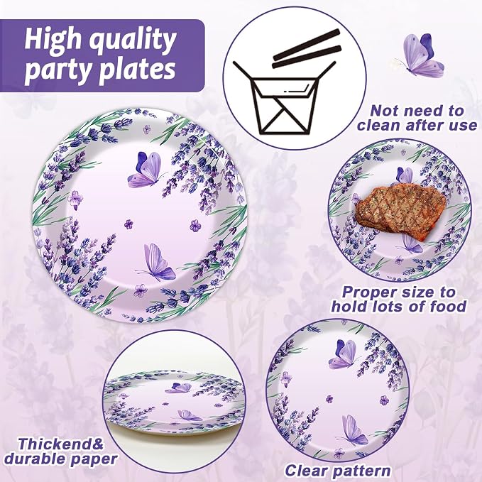 96Pcs Purple Party Supplies Lavender Paper Plates Napkins Summer Decoration |