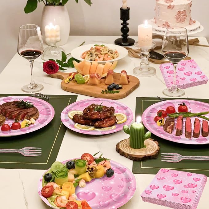 96 Pieces Valentine’s Day Tableware Set – Pink Heart Disposable Plates and