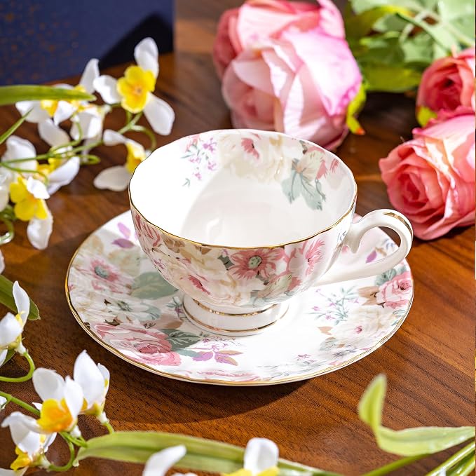 fanquare Pink Floral Tea Cup and Saucer Set