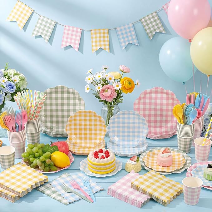 450 Pcs Gingham Tableware Set Decorations, Serves 50 | Pastel Plaid Paper