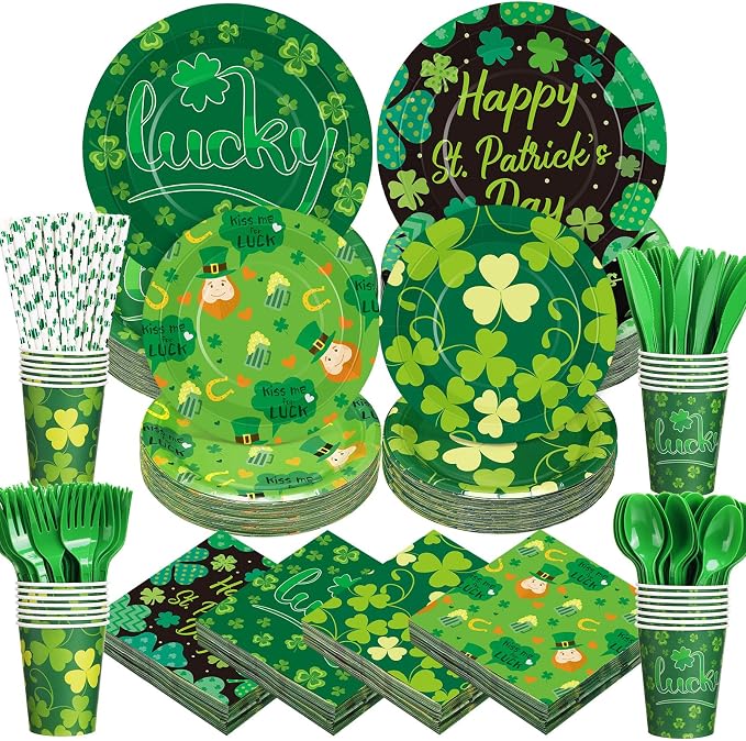450 Pcs Happy St. Patrick's Day Tableware Set Decoration Serves 50 | Lucky