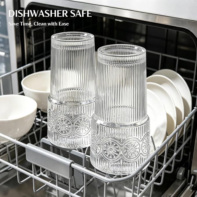 INSETLAN 20oz Ribbed & Floral Glass Tumblers