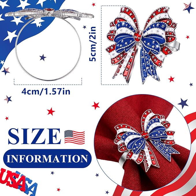 Geiserailie 6 Pieces Patriotic Napkin Rings 4th of July Bow Napkin Ring Holder