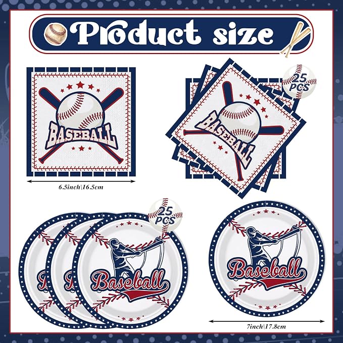 NatNarr 50 Pcs Baseball Plates and Napkins, Disposable Baseball Party Supplies