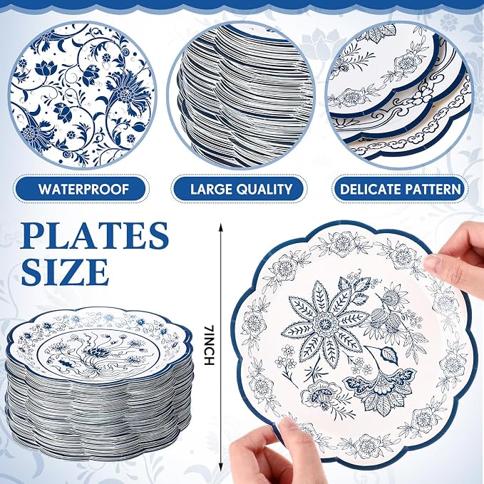120 Pcs Blue Floral Party Plates 7 Inch Vintage Disposable Paper Plates Blue