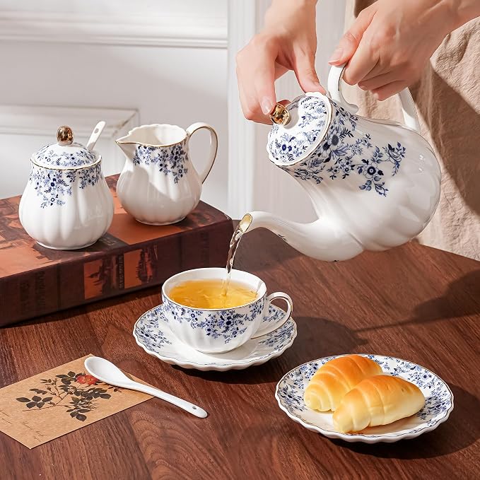 Ceramic Tea Set Vintage Floral, Teapot， Cup and Saucer Set, Sugar Bowl and