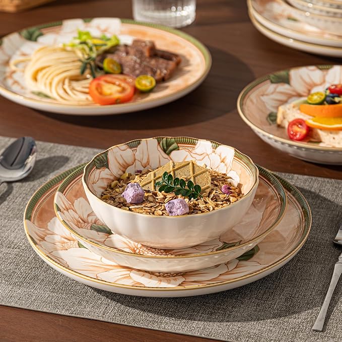 Ceramic Dinnerware Set, Floral Plates and Bowls Sets, Microwave & Dishwasher