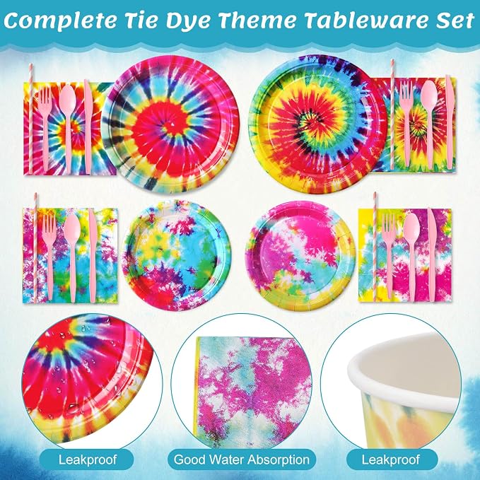 450 Pcs Tie Dye Party Tableware Set Decorations, Serves 50 | Rainbow Birthday