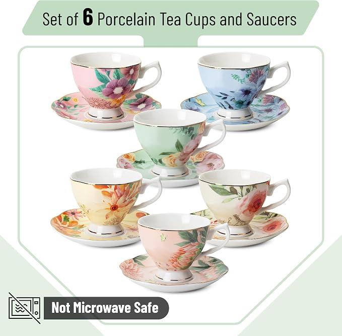 BTaT- Floral Tea Cups and Saucers, 6 Pack, 8 oz | Fine Porcelain Teacup Set