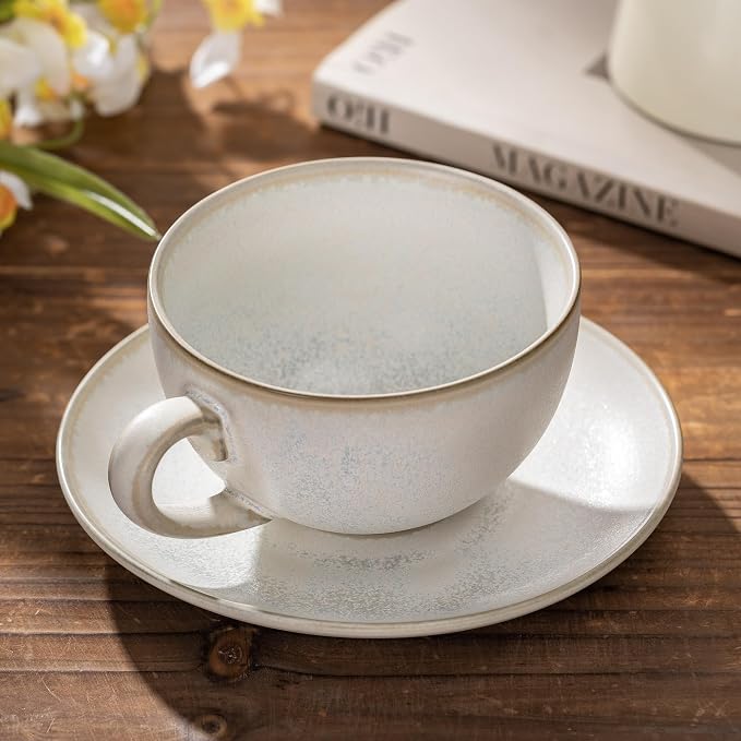 Porcelain Coffee Cup with Saucer, 10 oz Vintage Design Ceramic Latte Art