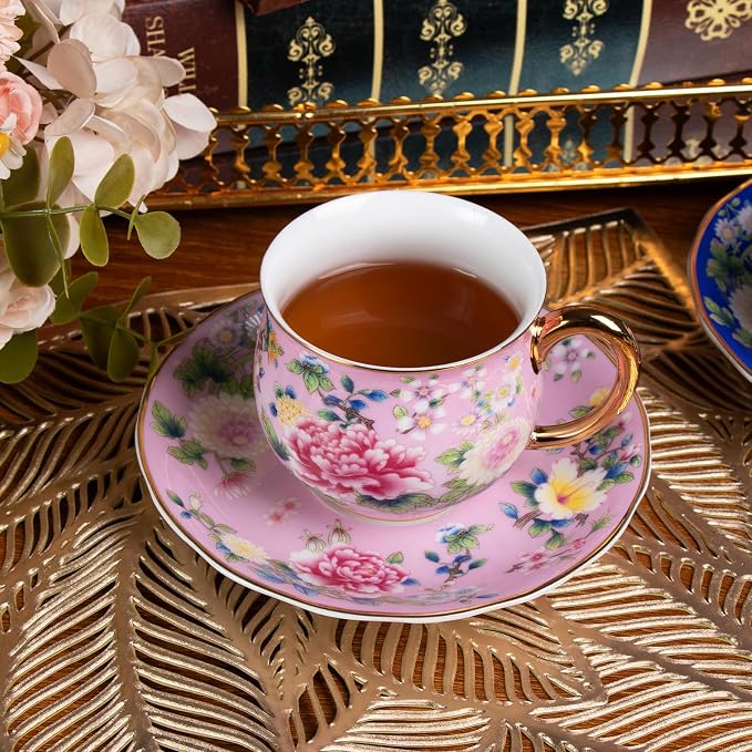 KAMMAK Tea Cup and Saucer, Ceramic Coffee Cups, 7.1 oz, Afternoon Tea and