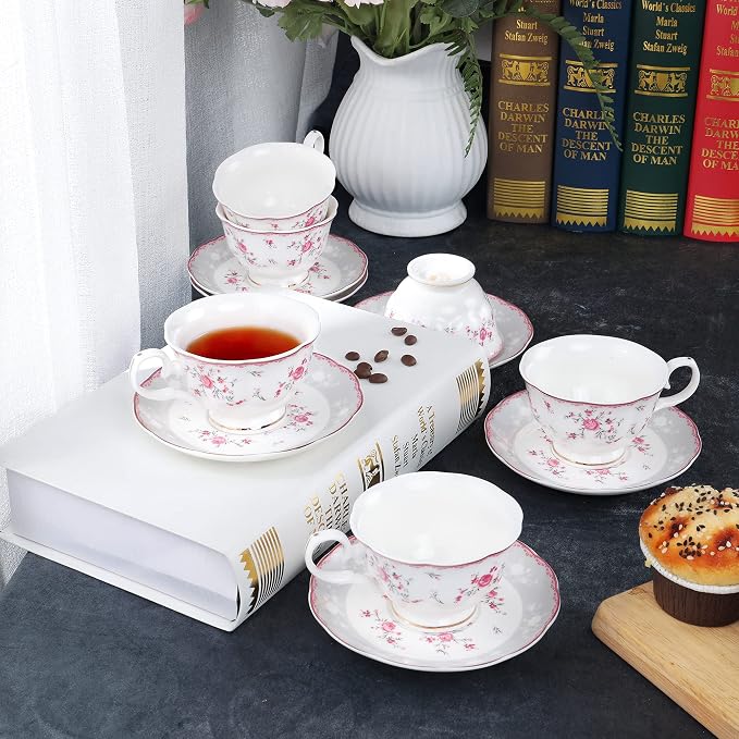 fanquare Pink Rose Tea Cup and Saucer Set
