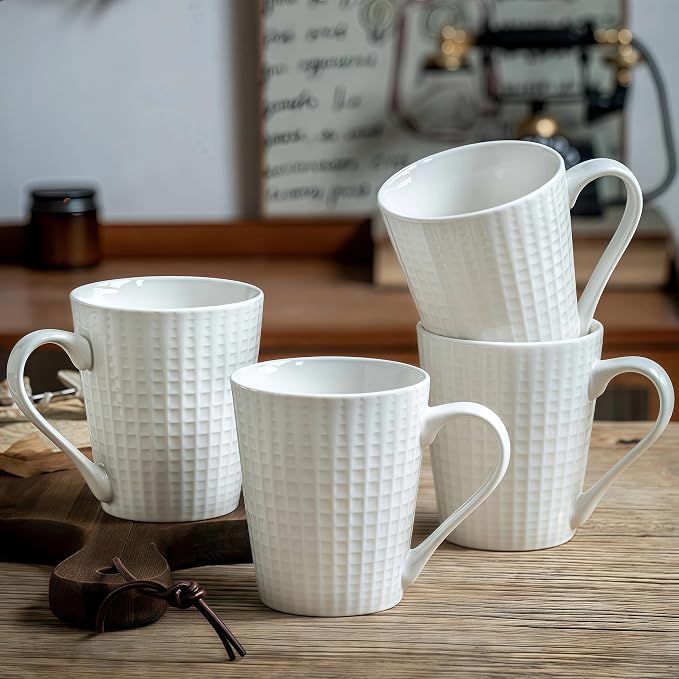 ONIGIRI Coffee Mugs Set of 4, Elegant Embossed Ceramic Coffee Cups, 300ml/10oz