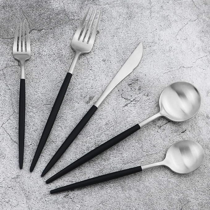 Black Handle Matte Silver Silverware Set