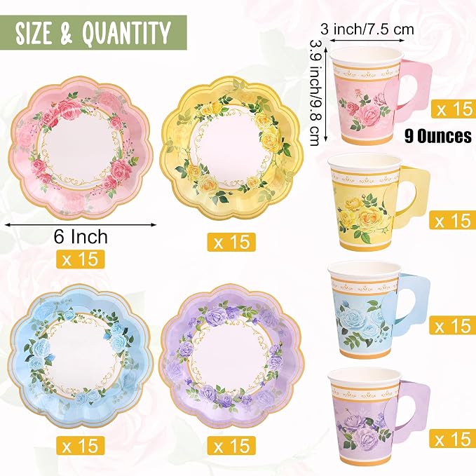 Kochorie 120 Pcs Floral Paper Tea Cups and Saucers 9 Oz Disposable Teacups Bulk