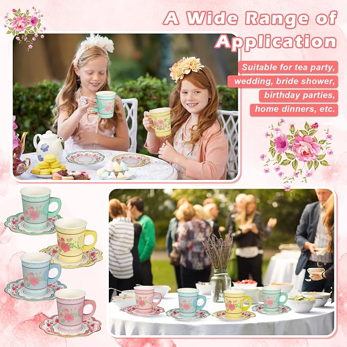 FillTouch 100 Sets Floral Paper Tea Cups and Saucers Disposable Paper Tea Party