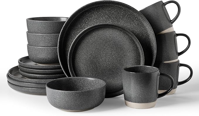 Famiware Milkyway 16-Piece Stoneware Plates and Bowls, Matte Dark Charcoal |