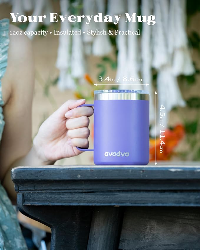 12oz Insulated Coffee Mug with Lid – Includes Two Lids, Stainless Steel Coffee