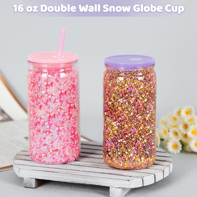 8 Pack Plastic Snow Globe Tumbler, 16 Oz Double Wall Plastic Can