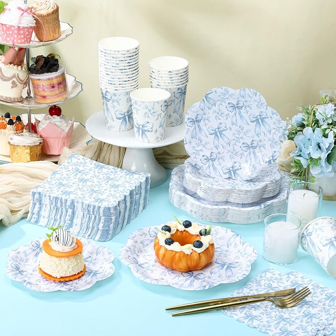 250 Pcs Blue Floral Disposable Paper Plates and Napkins | Bow Coquette