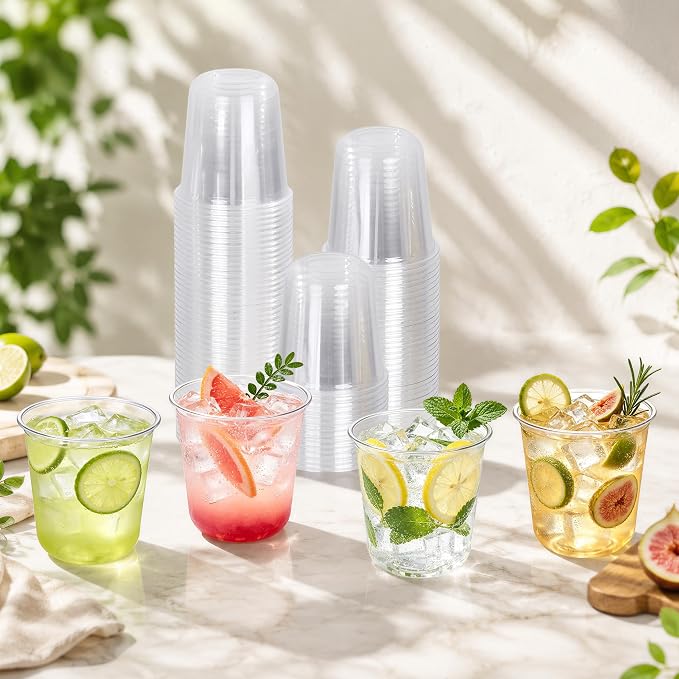 KesaPlan 200 Pcs 12oz Plastic Clear Cups, Disposable Wine Cocktail Glasses |