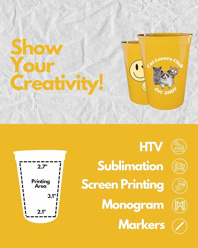PartyPrints 100 Pack Small 10 to 12 oz Yellow Reusable Blank Plastic Cups
