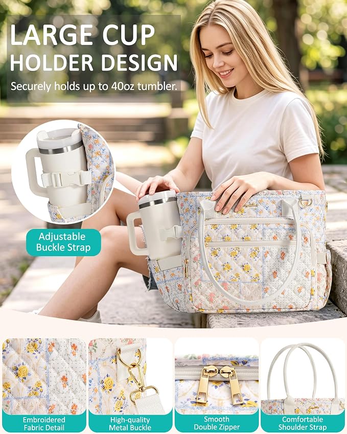 Lunch Box for Women Insulated Lunch Bag Quilted Soft Cooler Tote | 7 Pocket