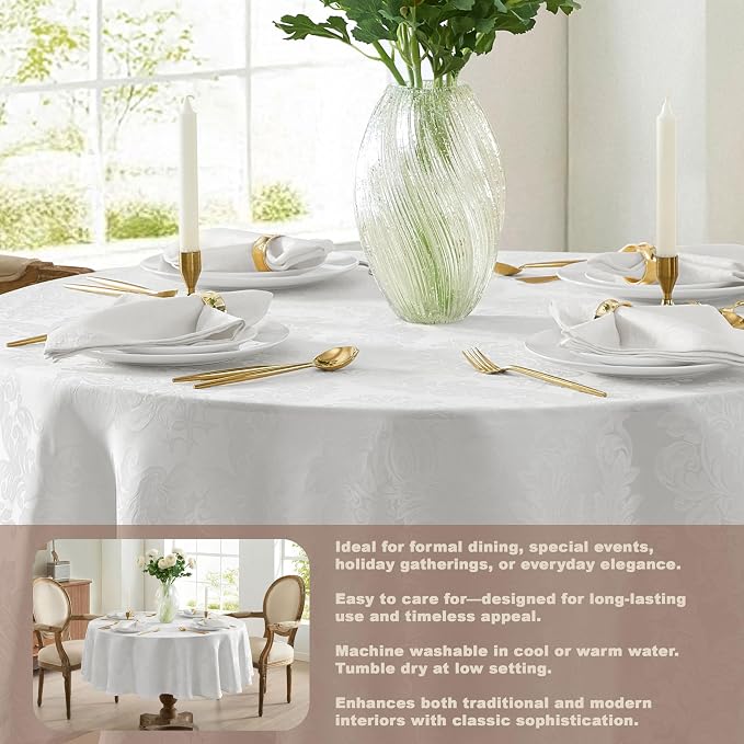 Newbridge Barcelona Luxury Damask Fabric Tablecloth, 90” Round, 100% Polyester