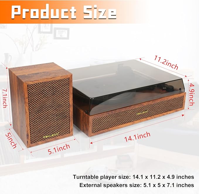 Vinyl Record Player with External Speakers, 3 Speed Bluetooth Turntable