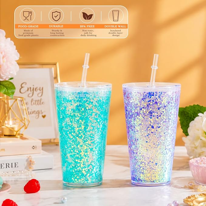 8 Pack 16 Oz Acrylic Snowglobe Tumbler, Pre-Drilled Double Wall Plastic Kids