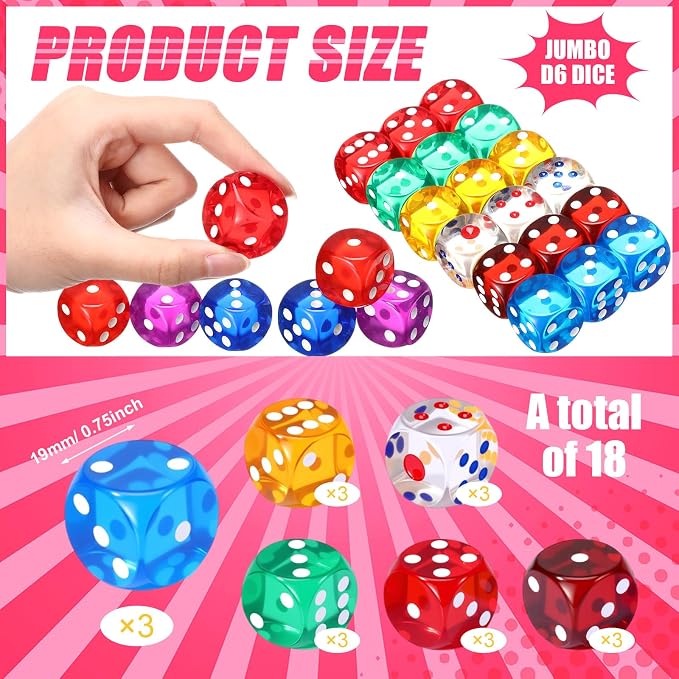 18 Pcs Casino Theme Party Dice Large Opaque Jumbo Acrylic D6 Dice
