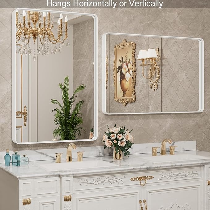 48x30 Inch White Metal Framed Bathroom Mirror