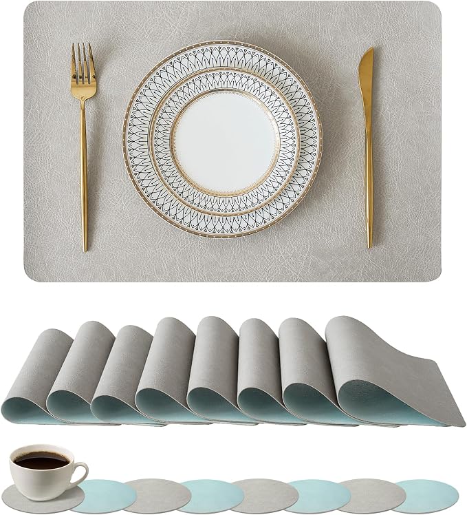 Leetaltree Reversible Faux Leather Placemats and Coasters Set of 16, 12x17 Inch